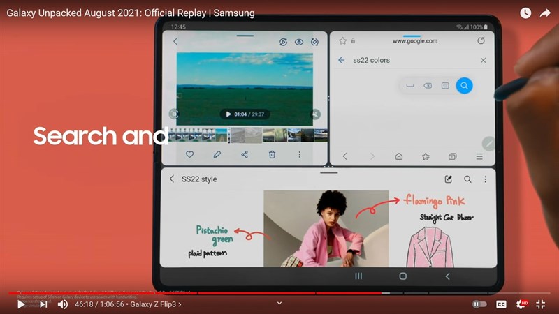 Kể từ phút 46 trở đi trong video livestream, các cụm từ gợi ý màu của Galaxy S22 đã xuất hiện. Nguồn: Samsung.