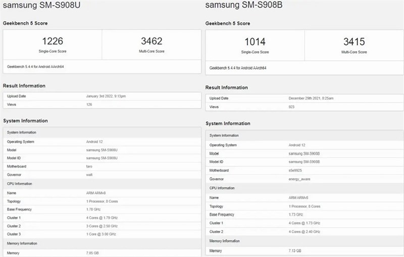 Điểm hiệu năng GeekBench 5 của Galaxy S22 Ulltra phiên bản Snapdragon (bên trái) và Exynos (bên phải).