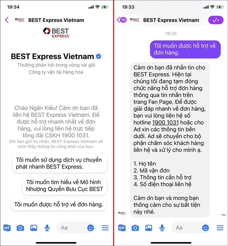 Nhắn tin Fanpage Facebook BEST Express