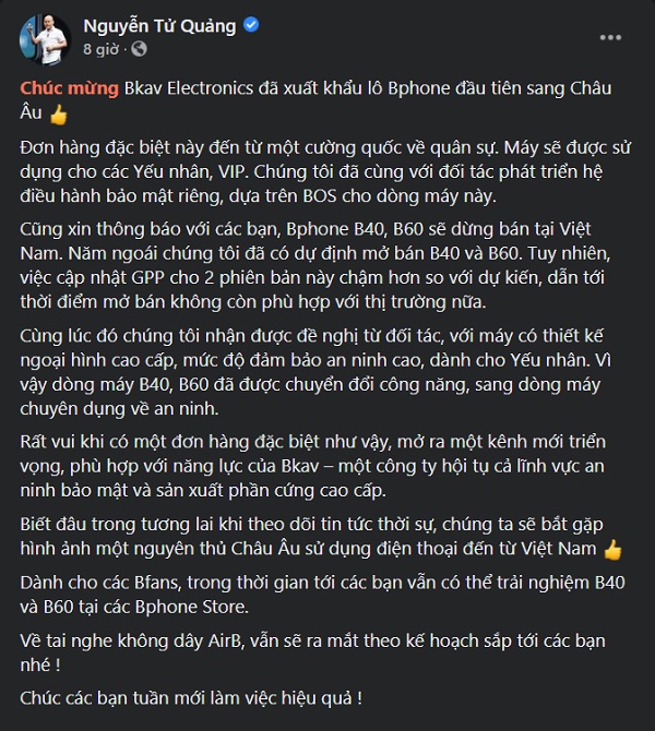 Bài viết của CEO Nguyễn Tử Quảng trên trang Facebook cá nhân