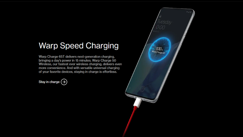 Công nghệ sạc nhanh có dây Warp Charge 65WT trên chiếc OnePlus 9 Pro. Công nghệ sạc nhanh có dây Warp Charge 65WT trên chiếc OnePlus 9 Pro.