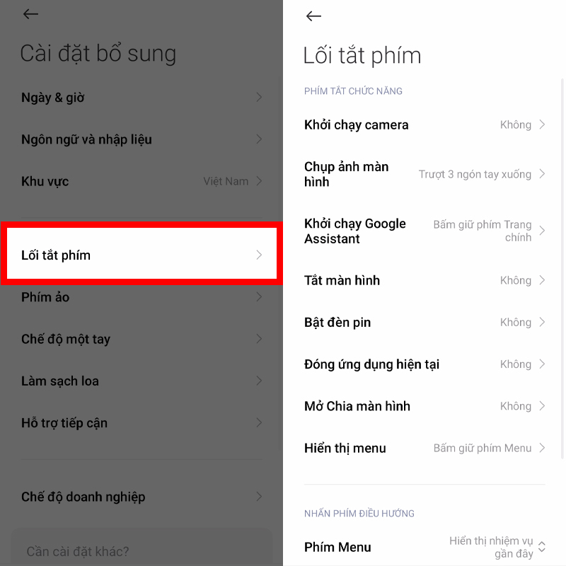 Cài đặt các phím tắt