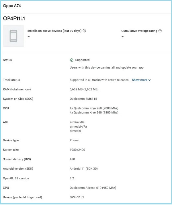 Google Play Console xác nhận OPPO A74 4G sẽ được trang bị chip Snapdragon 662, có RAM 6GB và chạy Android 11