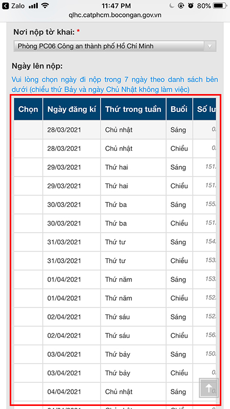 Chọn ngày lên nộp hồ sơ và lấy dấu vân tay