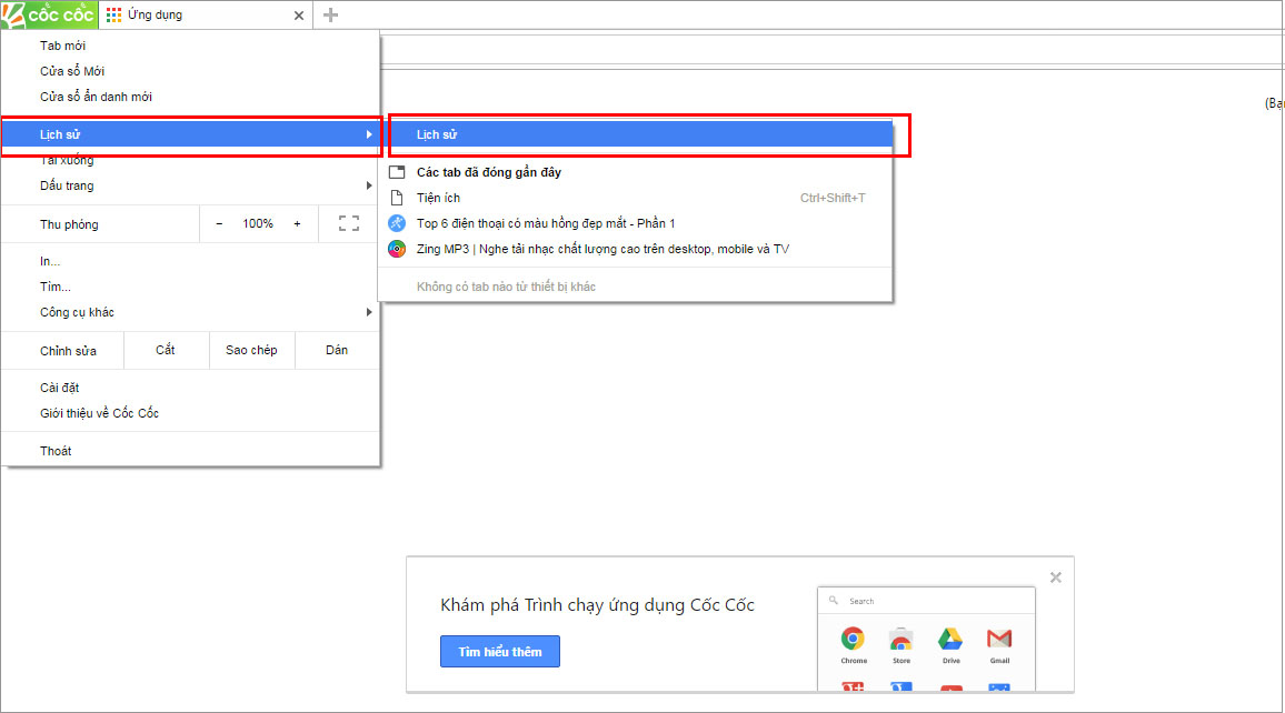 Chọn biểu tượng Cốc Cốc > Lịch sử