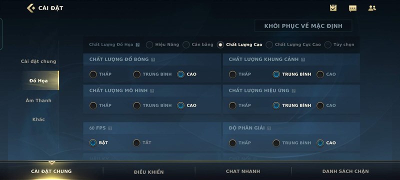 Cài đặt cấu hình đồ họa trong tựa game Liên Minh Huyền Thoại: Tốc Chiến.
