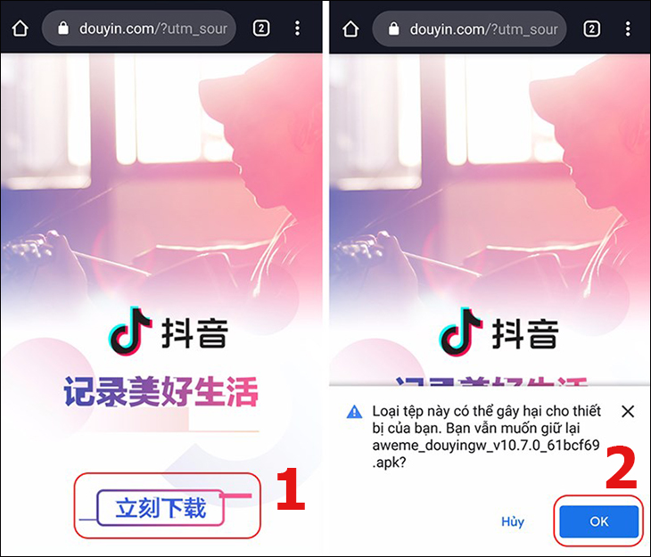 Hướng dẫn cách tải và đăng ký tài khoản TikTok Trung Quốc cực đơn giản > Chọn vào nút tải về trên trang web > bấm OK
