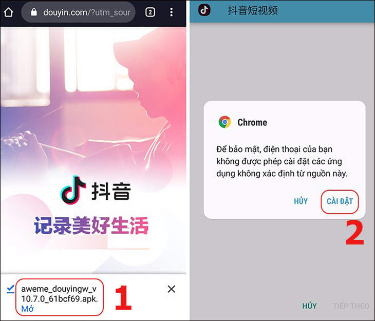 Hướng dẫn cách tải và đăng ký tài khoản TikTok Trung Quốc cực đơn giản > Bấm cài đặt để xác nhận cho phép cài đặt ứng dụng