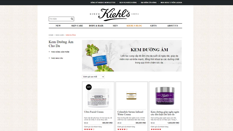 Website của thương hiệu Kiehl's tại Việt Nam