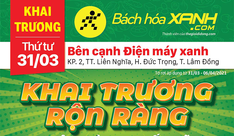 Cửa hàng Bách hóa XANH tại Khu phố 2, TT. Liên Nghĩa, Huyện Đức Trọng khai trương ngày 31/3/2021