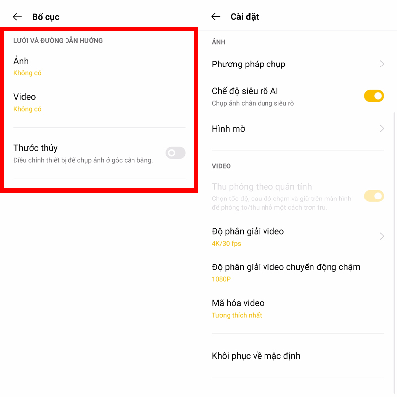 Cài đặt chụp ảnh Cài đặt chụp ảnh