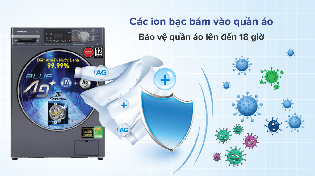 Tìm hiểu Công nghệ Blue Ag+ diệt khuẩn 99.99% không cần giặt nước nóng của Panasonic > Công nghệ Blue Ag+ - Bảo vệ quần áo khỏi vi khuẩn đến 18 giờ sau khi giặt