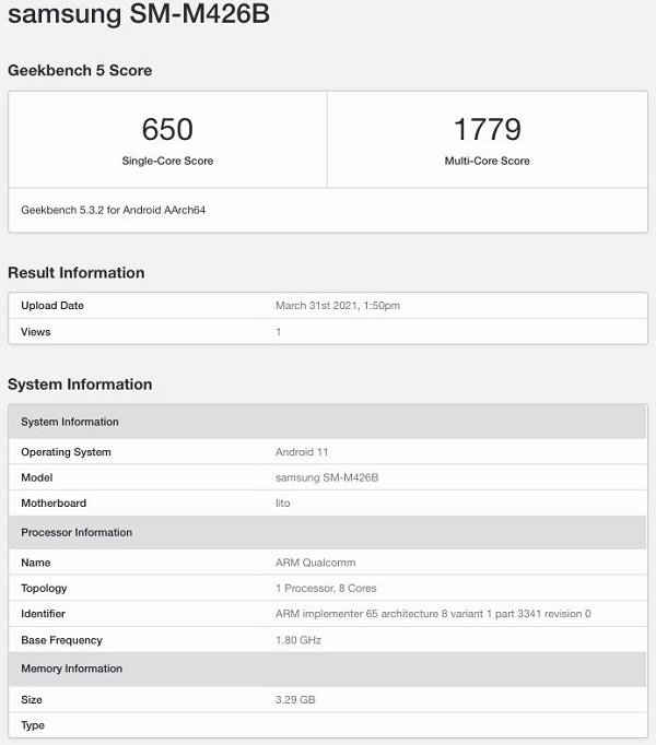 Samsung Galaxy M42 5G pin 6.000mAh vừa có mặt trên nền tảng Geekbench: Dùng chip Snapdragon 750G, chạy Android 11