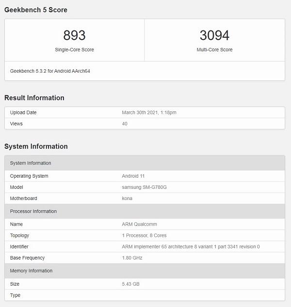 Samsung Galaxy S20 FE 4G phiên bản mới với chip Snapdragon 865, chạy Android 11 xuất hiện trên Geekbench