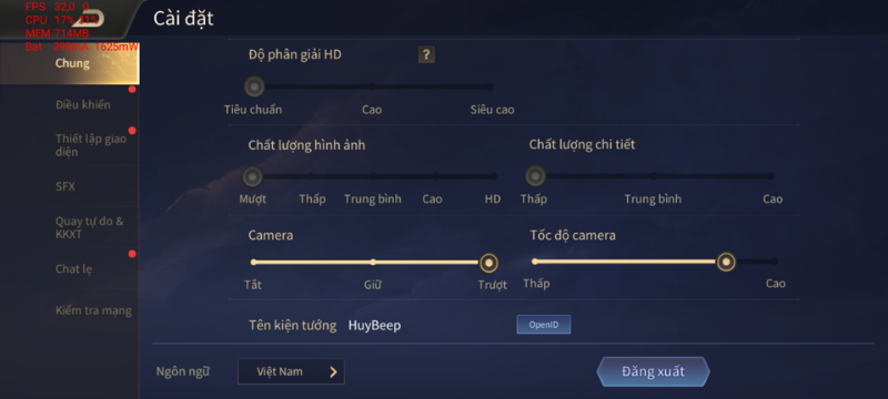 Các mức đồ họa trong game Liên Quân Mobile mà Vsmart Star 5 tùy chỉnh được.