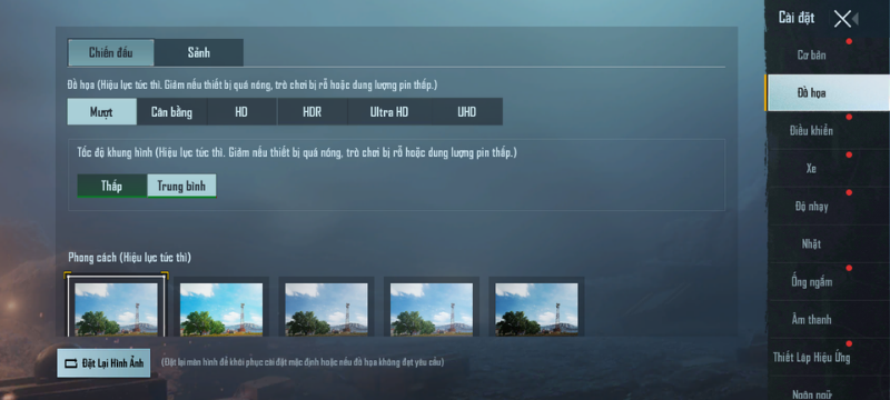 Các mức đồ họa trong game PUBG Mobile mà Vsmart Star 5 tùy chỉnh được.