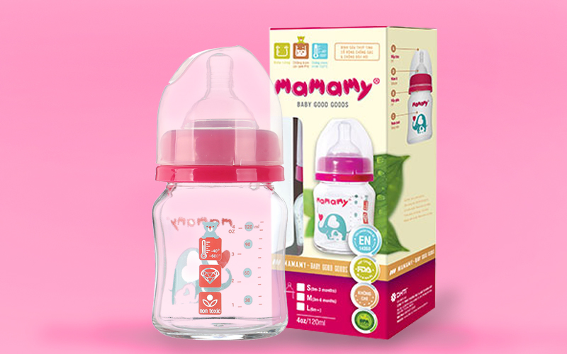 Bình sữa thủy tinh cổ rộng Mamamy màu hồng 120ml