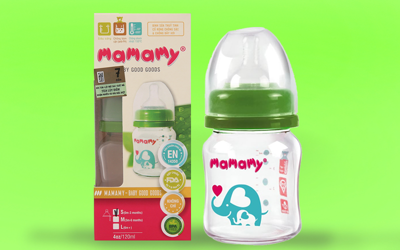 Bình sữa thủy tinh cổ rộng Mamamy màu xanh 120ml