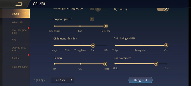Các mức đồ họa trong game Liên Quân Mobile mà Galaxy A52 5G có thể chỉnh được.
