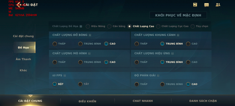 Các mức đồ họa trong game Liên Minh Huyền Thoại: Tốc Chiến mà Galaxy A52 5G có thể chỉnh được.