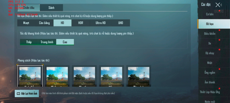 Các mức đồ họa trong game PUBG Mobile mà Galaxy A52 5G có thể chỉnh được.