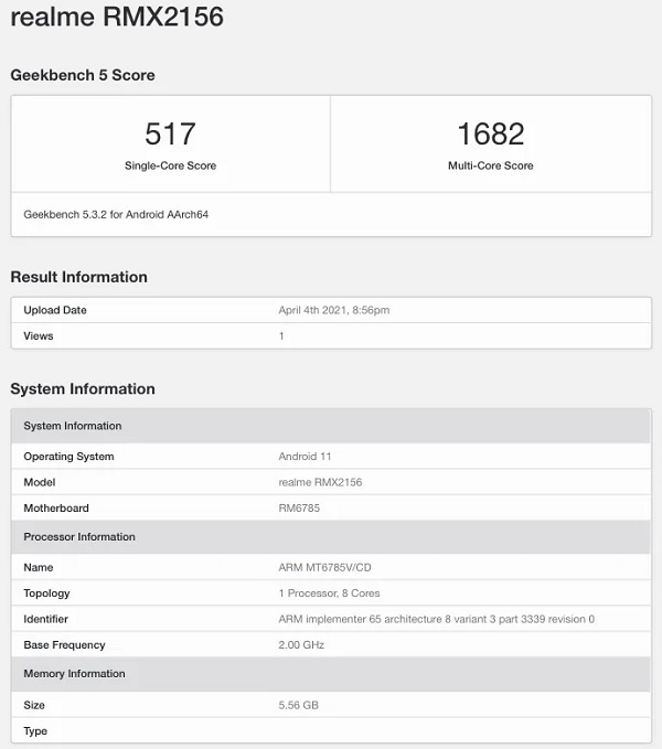 Realme Narzo 30 phiên bản 4G lộ điểm hiệu năng cùng cấu hình trên Geekbench