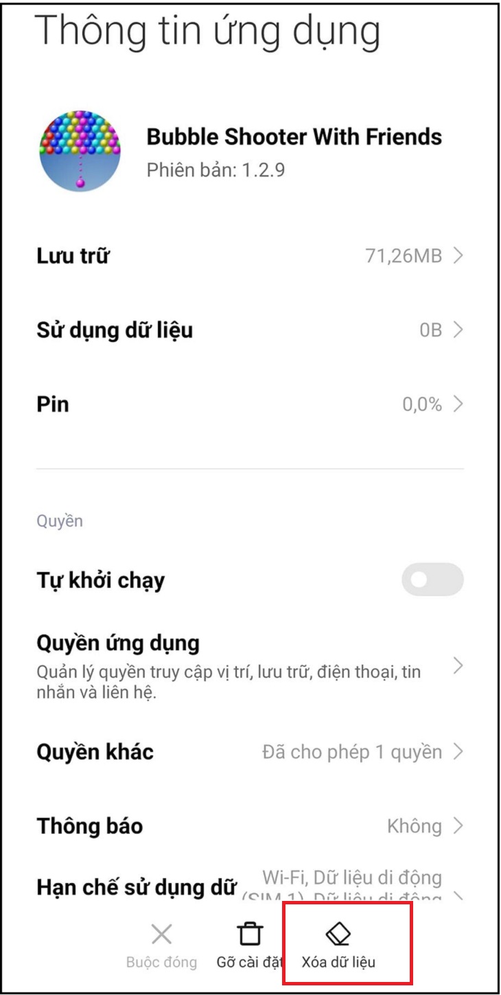 Chọn Xóa dữ liệu ứng dụng