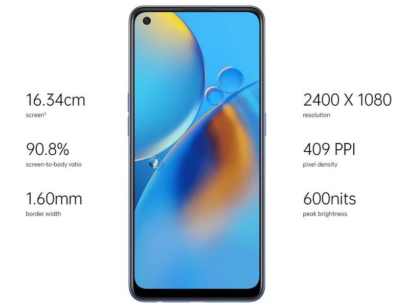 Screen parameters on OPPO F19. On the front face, I am quite happy that the OPPO F19 is equipped with an AMOLED panel with a perforated design, not a water drop. In this segment, not all manufacturers pay for a panel with a perforated design as above. In addition, the edges on the two sides have been trimmed quite thin, providing a large, comfortable frame for the user's entertainment tasks. However, it seems that the top and bottom edges of the OPPO F19 are not equal, so they look unbalanced.