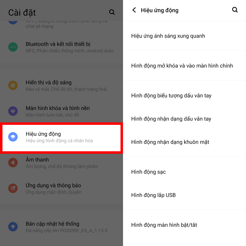Điều chình các hiệu ứng ảnh động