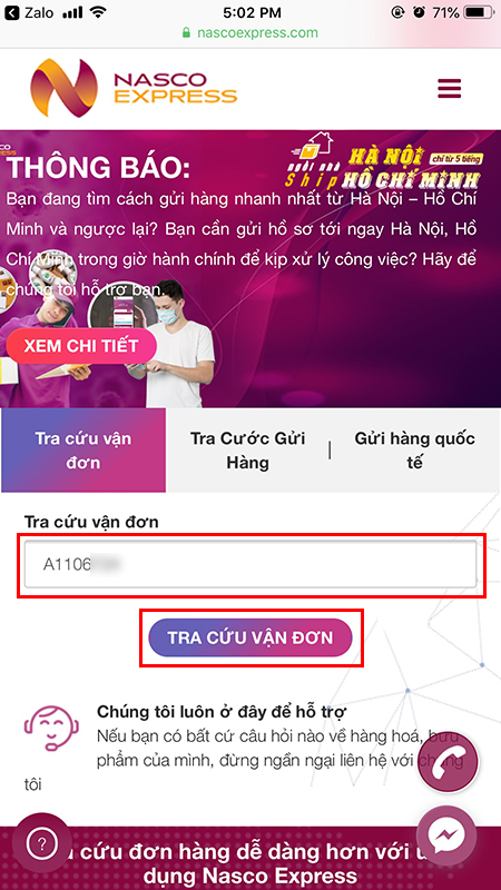 Nhập mã vận đơn và tra cứu