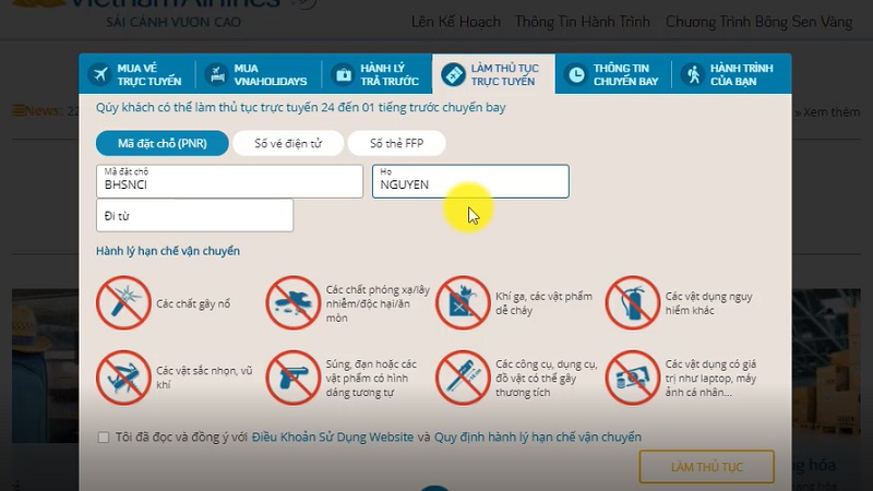 Cách làm thủ tục trực tuyến (check-in online) Vietnam Airline