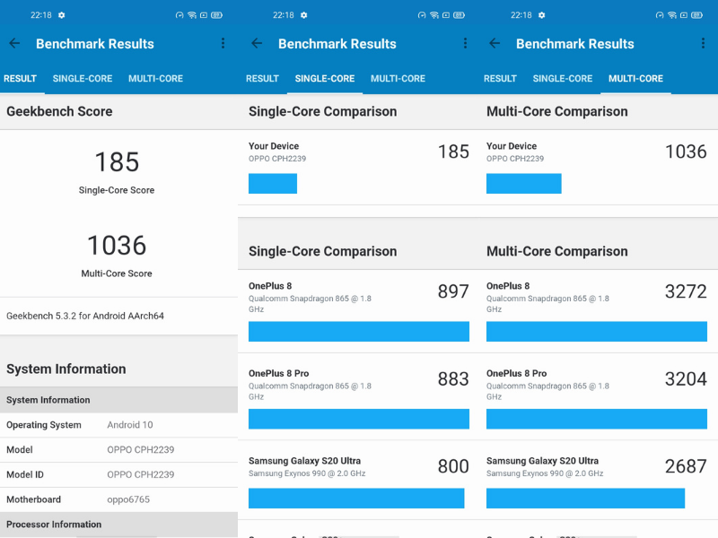 Điểm GeekBench 5 trên chiếc OPPO A54.