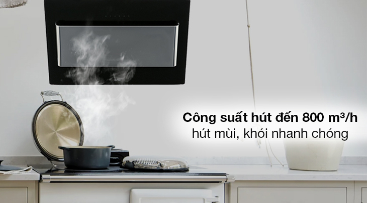 Máy hút mùi Hafele có tốt không? Có nên mua không? > Máy hút mùi áp tường Hafele HH-WVG80D có công suất hút tối đa đến 800m³/h, giúp loại bỏ mùi hôi, khói, mùi thức ăn nhanh chóng