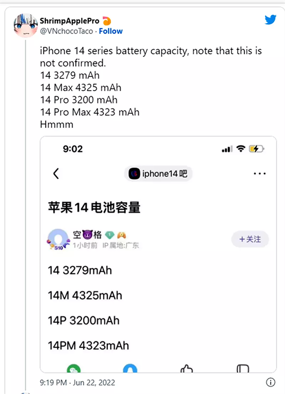 Bài đăng của leaker ShrimpApplePro về dung lượng pin của iPhone 14 series. Bài đăng của leaker ShrimpApplePro về dung lượng pin của iPhone 14 series.