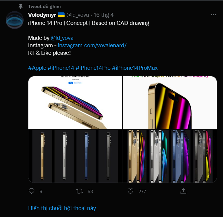 Bài đăng của tài khoản Twitter @ld_vova về iPhone 14 Pro. Bài đăng của tài khoản Twitter @ld_vova về iPhone 14 Pro.