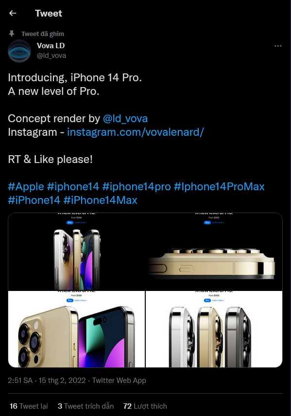 Bài Tweet chia sẻ hình ảnh rò rỉ của iPhone 14 Pro trên website. Nguồn: @ld_vova.