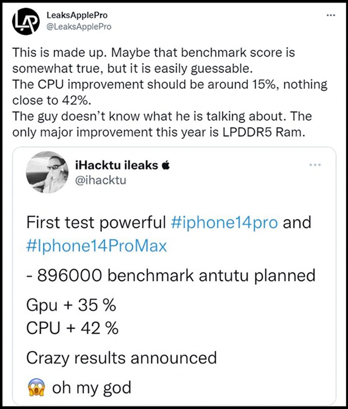 Chia sẻ của leaker @ShrimeApplePro về hiệu năng iPhone 14 Pro series. Nguồn: @ShrimpApplePro. Chia sẻ của leaker @ShrimeApplePro về hiệu năng iPhone 14 Pro series. Nguồn: @ShrimpApplePro.