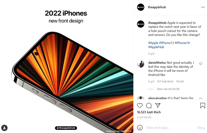 Bài đăng về iPhone 2022 sẽ có màn hình đục lỗ. (Nguồn: @theapplehub).