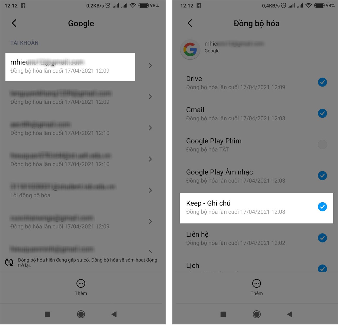 Đồng bộ hoá Google Keep