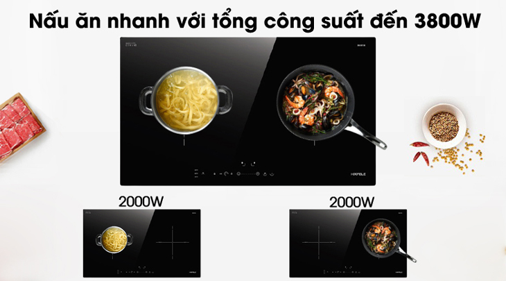 Bếp từ Hafele có tốt không? Có nên mua không? > Bếp từ đôi lắp âm Hafele HC-I2712A có tổng công suất 3800W, mỗi vùng nấu đến 2000W, có gia nhiệt nhanh, hỗ trợ bạn nấu ăn hiệu quả