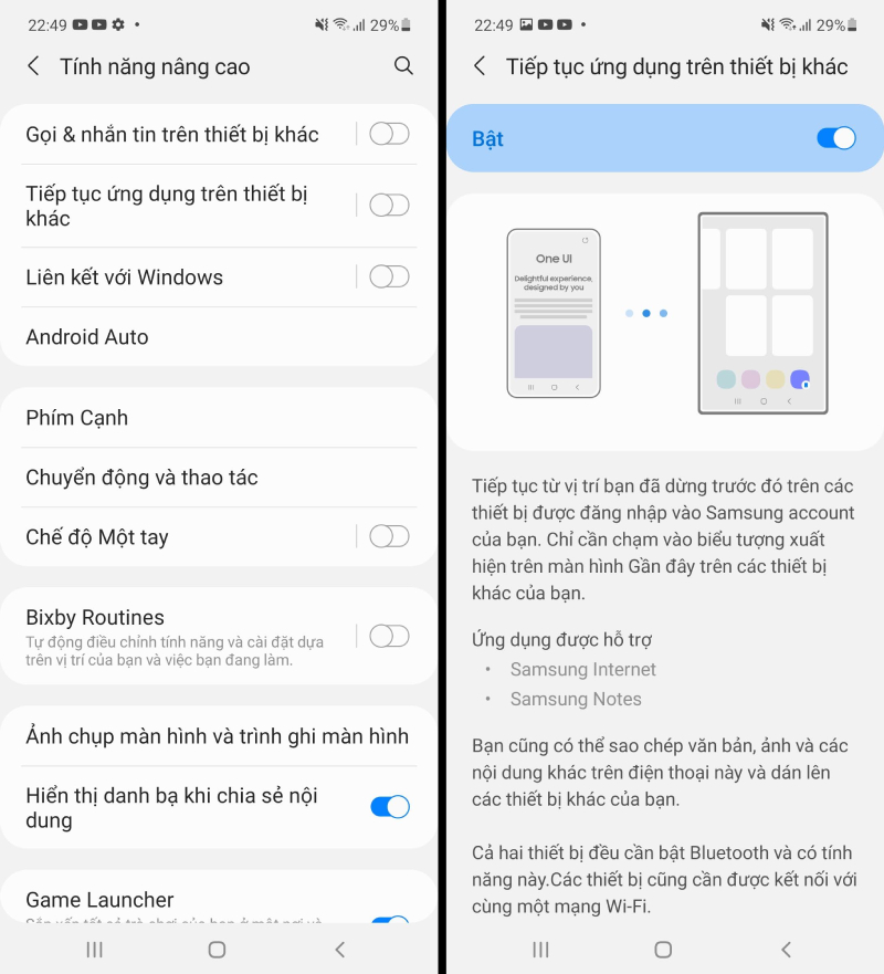 Tính năng Tiếp tục trên một thiết bị khác của Samsung Galaxy A51 khi lên OneUI 3.1