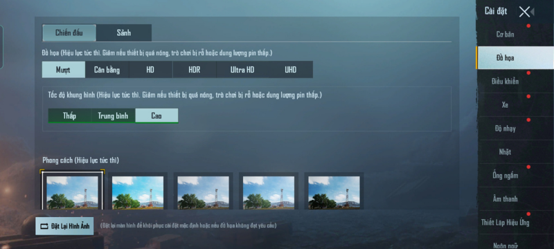 Thiết lập đồ họa trong game PUBG Mobile mà OPPO A74 4G có thể chỉnh được. Thiết lập đồ họa trong game PUBG Mobile mà OPPO A74 4G có thể chỉnh được.