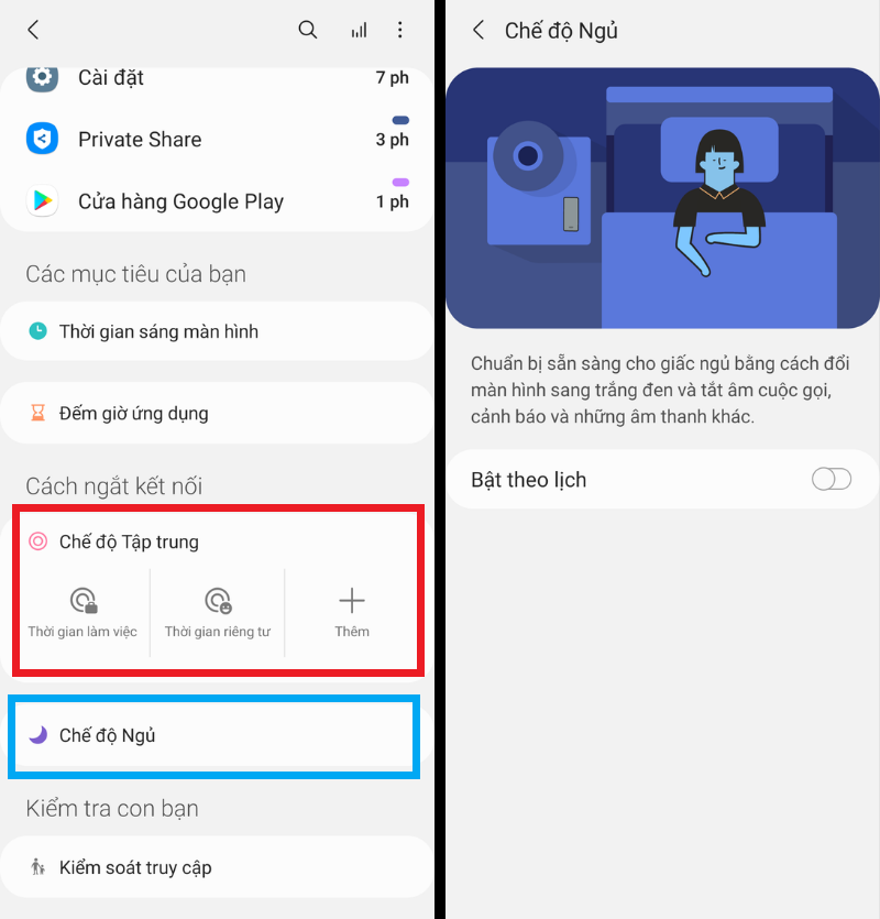 Chế độ tập trung (màu đỏ) và Chế độ ngủ (màu xanh) sẽ chặn hết các thông báo từ mạng xã hội, cuộc gọi, tin nhắn để chúng ta có thể tập trung cho công việc hoặc giấc ngủ của bản thân. Chế độ tập trung (màu đỏ) và Chế độ ngủ (màu xanh) sẽ chặn hết các thông báo từ mạng xã hội, cuộc gọi, tin nhắn để chúng ta có thể tập trung cho công việc hoặc giấc ngủ của bản thân.