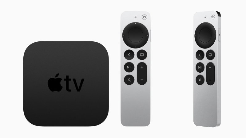 Thiết kế bên ngoài của Apple TV (bên trái) và điều khiển (ở giữa và bên phải). (Nguồn: Apple).