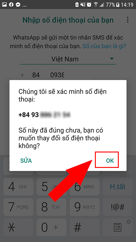 Nhấn Ok để nhận mã xác minh số điện thoại