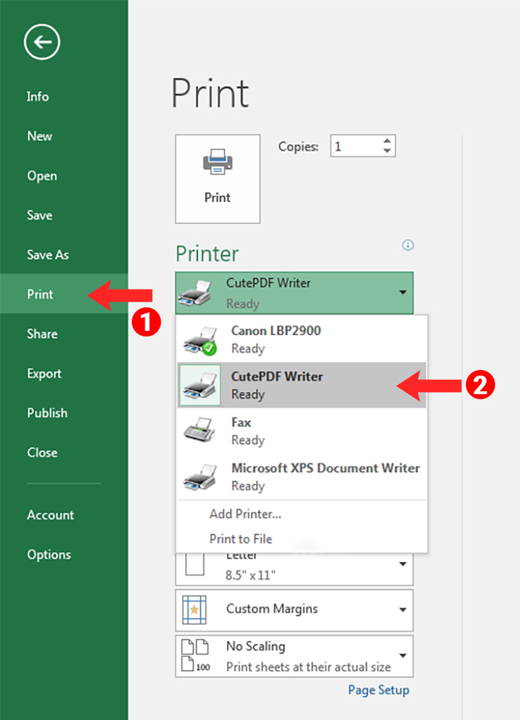 3 cách chuyển file Excel sang PDF online/offline nhanh, chi tiết nhất > Vào thẻ File ở góc trái trên -> Print -> chọn CutePDF Writer -> chọn Print
