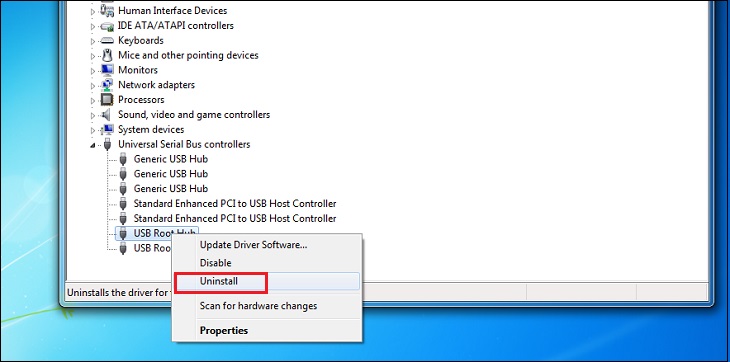 Bỏ chọn các phần có tên USB