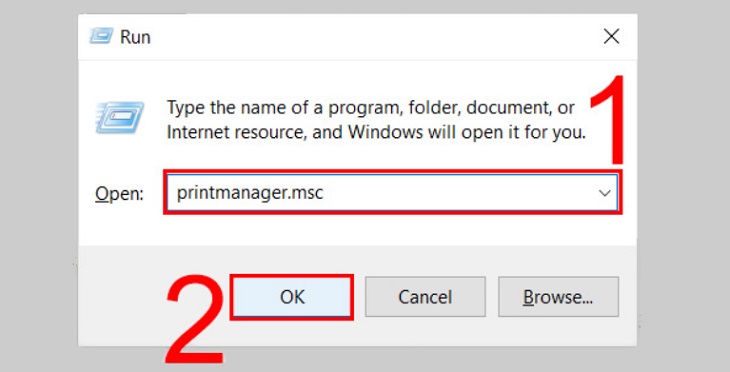 Mở hộp thoại Run để vào printmanager.msc 