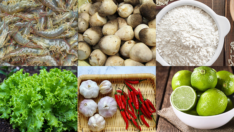 Nguyên liệu làm bánh tôm nấm chiên giòn Nguyên liệu làm bánh tôm nấm chiên giòn