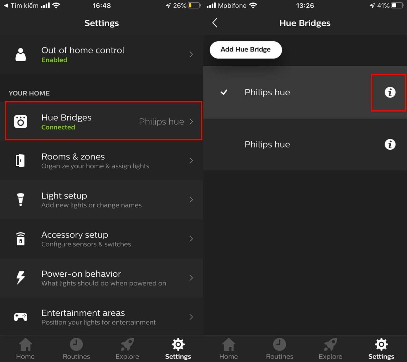 Tại mục Settings > Hue Bridges, chọn biểu tượng i bên cạnh đèn Philips Hue
